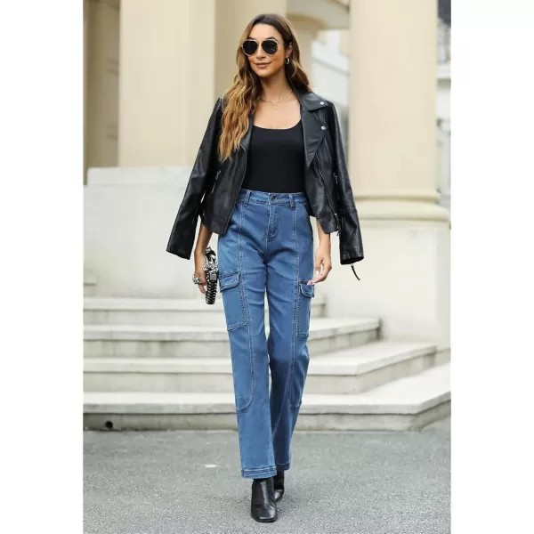 GRAPENT Womens Cargo Pants Casual High Waisted Baggy Stretch Straight Leg Trousers Western Outfit Y2K Pants with PocketsMedium Blue