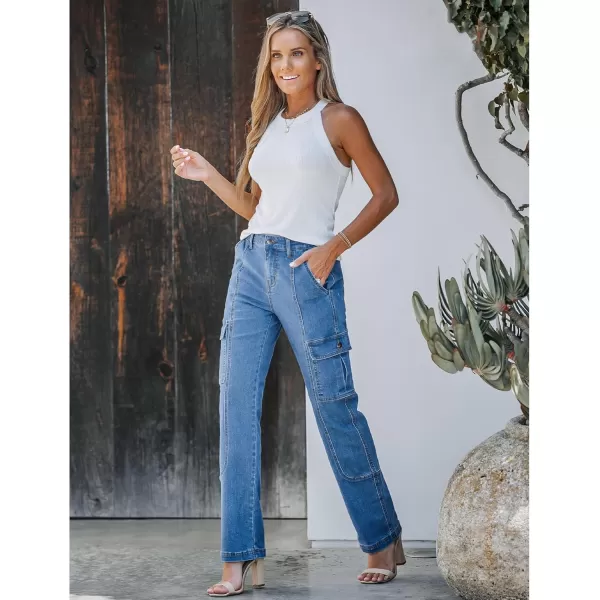 GRAPENT Womens Cargo Pants Casual High Waisted Baggy Stretch Straight Leg Trousers Western Outfit Y2K Pants with PocketsMedium Blue
