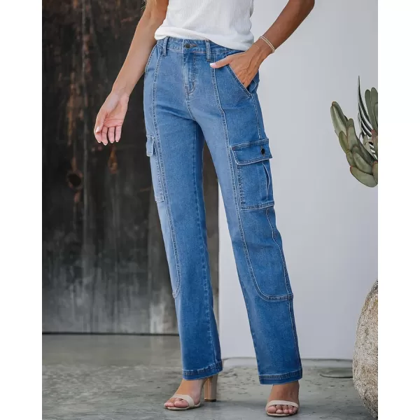 GRAPENT Womens Cargo Pants Casual High Waisted Baggy Stretch Straight Leg Trousers Western Outfit Y2K Pants with PocketsMedium Blue