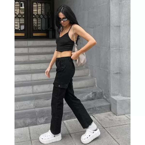 GRAPENT Womens Cargo Pants Casual High Waisted Baggy Stretch Straight Leg Trousers Western Outfit Y2K Pants with PocketsTrue Black