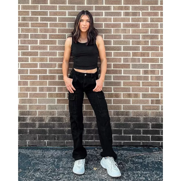 GRAPENT Womens Cargo Pants Casual High Waisted Baggy Stretch Straight Leg Trousers Western Outfit Y2K Pants with PocketsTrue Black
