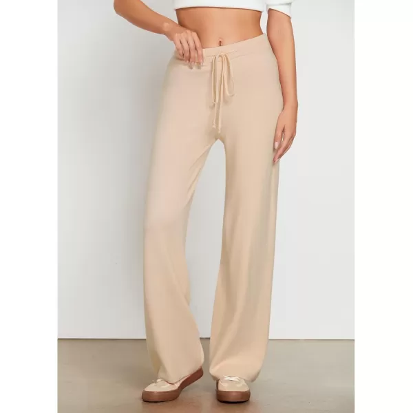 GRAPENT Womens Ribbed Knit Flowy Winter Pants Elastic Waist Tie Front Wide Leg Sweater PantsBeige