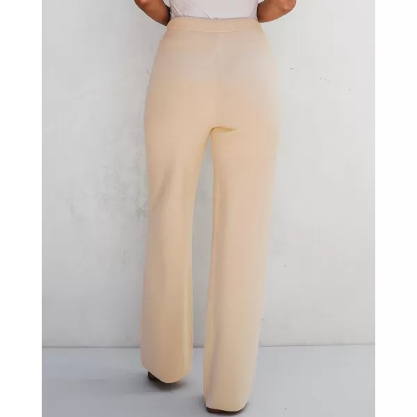 GRAPENT Womens Ribbed Knit Flowy Winter Pants Elastic Waist Tie Front Wide Leg Sweater PantsBeige