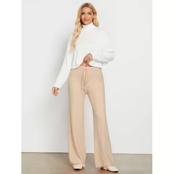 GRAPENT Womens Ribbed Knit Flowy Winter Pants Elastic Waist Tie Front Wide Leg Sweater PantsBeige