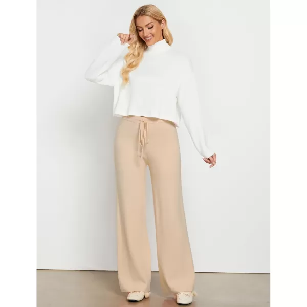 GRAPENT Womens Ribbed Knit Flowy Winter Pants Elastic Waist Tie Front Wide Leg Sweater PantsBeige