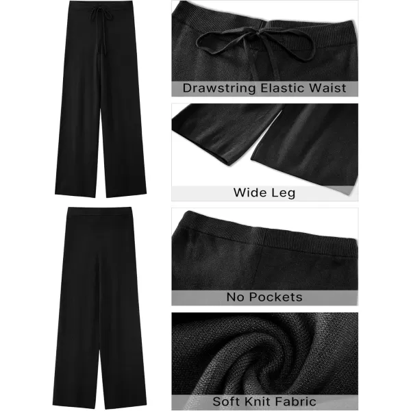 GRAPENT Womens Ribbed Knit Flowy Winter Pants Elastic Waist Tie Front Wide Leg Sweater PantsBlack