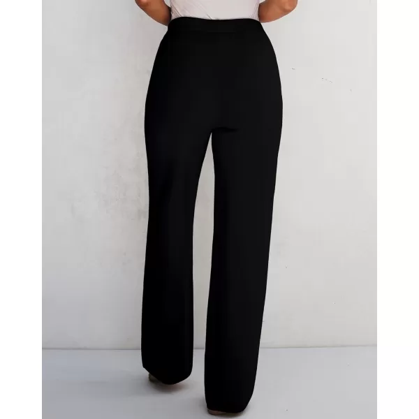GRAPENT Womens Ribbed Knit Flowy Winter Pants Elastic Waist Tie Front Wide Leg Sweater PantsBlack