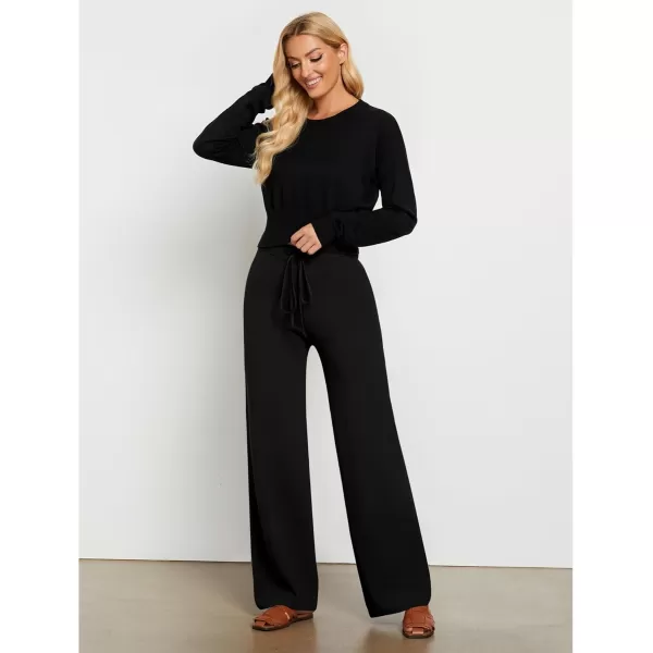 GRAPENT Womens Ribbed Knit Flowy Winter Pants Elastic Waist Tie Front Wide Leg Sweater PantsBlack