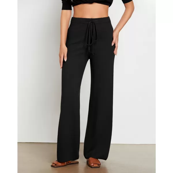GRAPENT Womens Ribbed Knit Flowy Winter Pants Elastic Waist Tie Front Wide Leg Sweater PantsBlack
