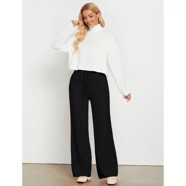 GRAPENT Womens Ribbed Knit Flowy Winter Pants Elastic Waist Tie Front Wide Leg Sweater PantsBlack