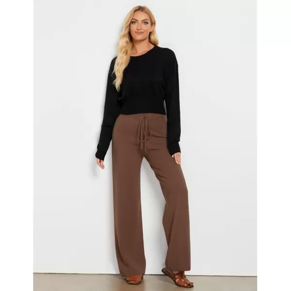 GRAPENT Womens Ribbed Knit Flowy Winter Pants Elastic Waist Tie Front Wide Leg Sweater PantsCoffee