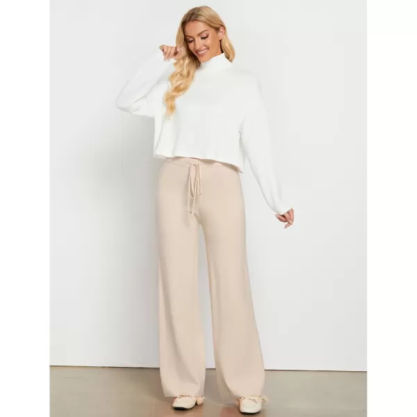 GRAPENT Womens Ribbed Knit Flowy Winter Pants Elastic Waist Tie Front Wide Leg Sweater PantsHeather Sand