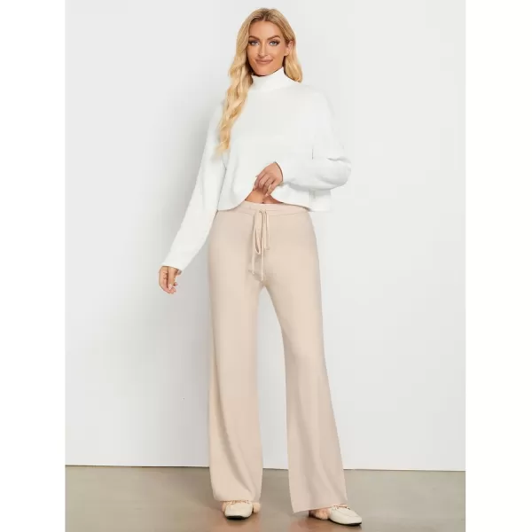 GRAPENT Womens Ribbed Knit Flowy Winter Pants Elastic Waist Tie Front Wide Leg Sweater PantsHeather Sand