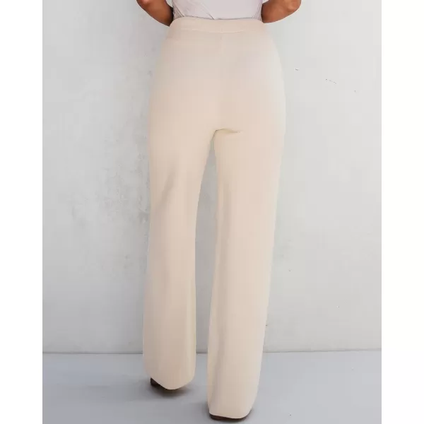 GRAPENT Womens Ribbed Knit Flowy Winter Pants Elastic Waist Tie Front Wide Leg Sweater PantsHeather Sand