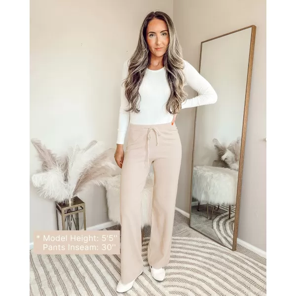 GRAPENT Womens Ribbed Knit Flowy Winter Pants Elastic Waist Tie Front Wide Leg Sweater PantsHeather Sand
