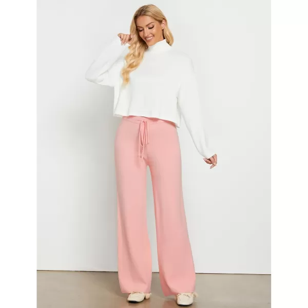 GRAPENT Womens Ribbed Knit Flowy Winter Pants Elastic Waist Tie Front Wide Leg Sweater PantsPink