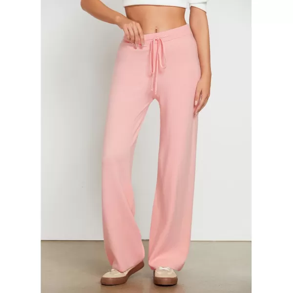 GRAPENT Womens Ribbed Knit Flowy Winter Pants Elastic Waist Tie Front Wide Leg Sweater PantsPink