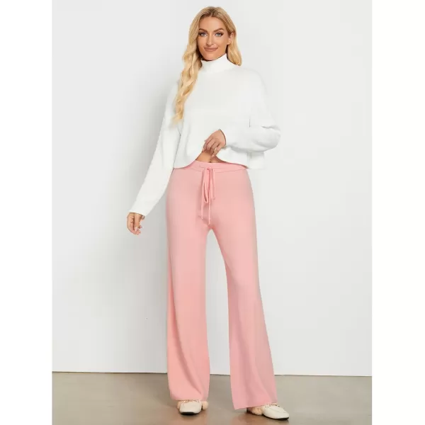 GRAPENT Womens Ribbed Knit Flowy Winter Pants Elastic Waist Tie Front Wide Leg Sweater PantsPink
