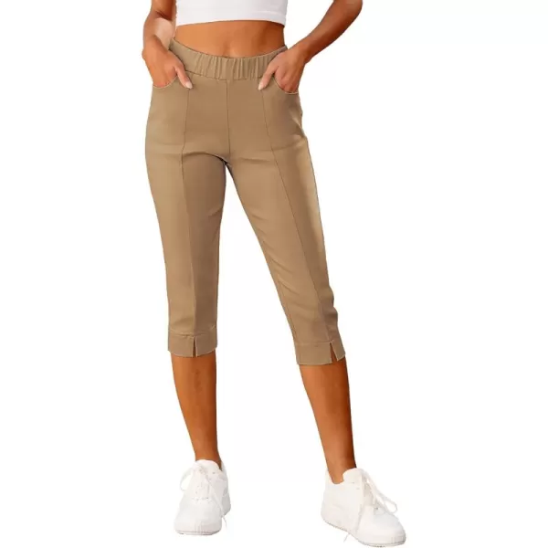 GRAPENT Capri Pants for Women High Waisted Pull On Elastic Waist Dressy Casual Stretchy Capris Trousers Pants PocketsBeige