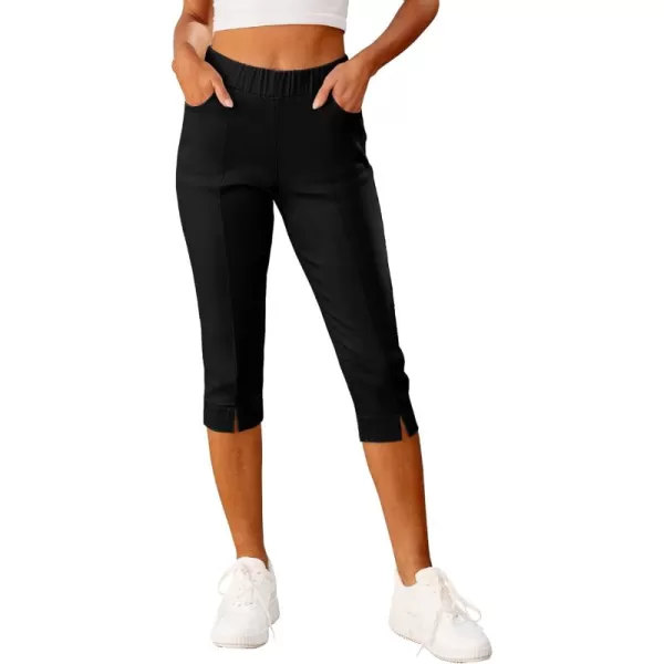 GRAPENT Capri Pants for Women High Waisted Pull On Elastic Waist Dressy Casual Stretchy Capris Trousers Pants PocketsBlack