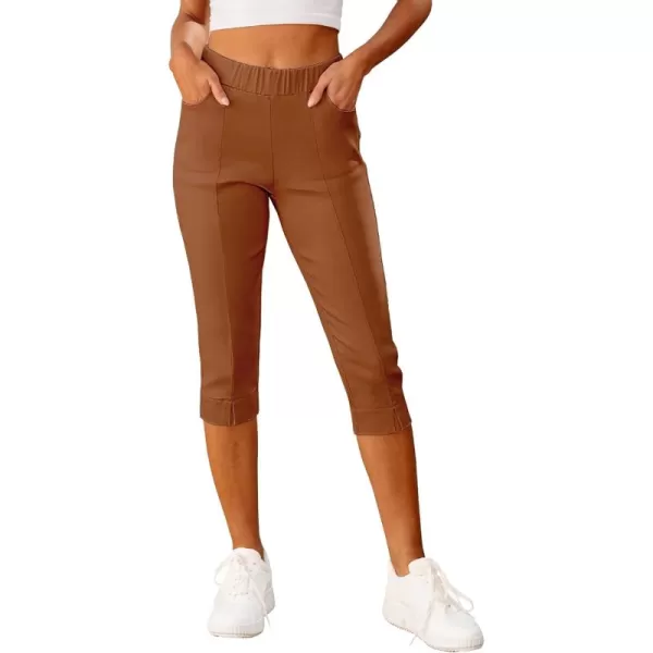 GRAPENT Capri Pants for Women High Waisted Pull On Elastic Waist Dressy Casual Stretchy Capris Trousers Pants PocketsLeather Brown