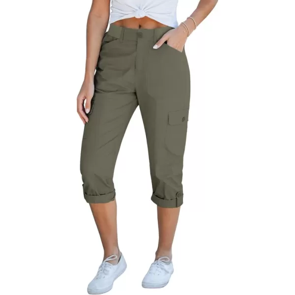 GRAPENT Cargo Capri Pants for Women High Waisted Relaxed Fit Elastic Knit Waist Casual Capris Trousers Cropped PantsArmy Green