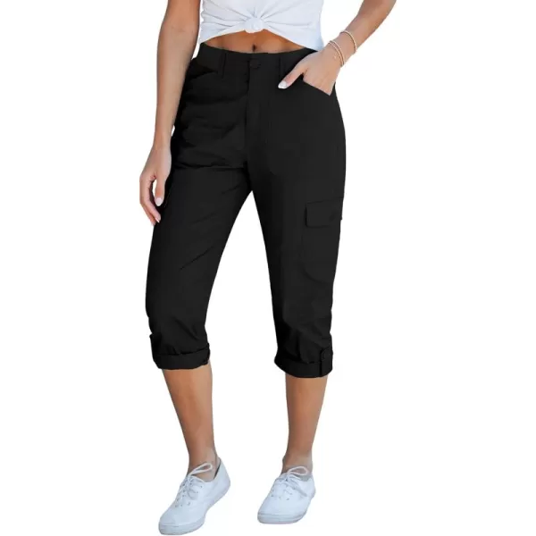 GRAPENT Cargo Capri Pants for Women High Waisted Relaxed Fit Elastic Knit Waist Casual Capris Trousers Cropped PantsBlack