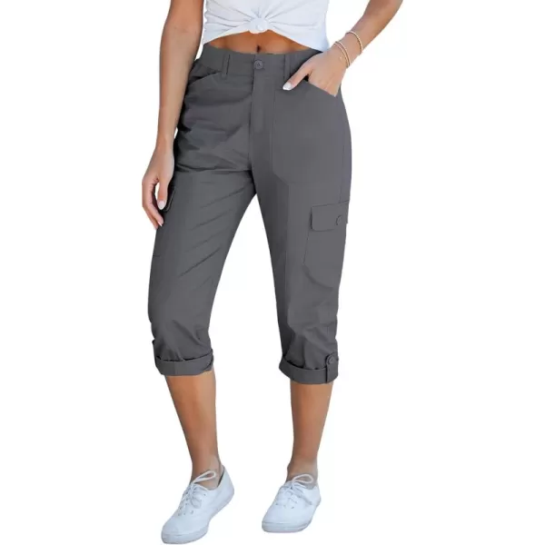 GRAPENT Cargo Capri Pants for Women High Waisted Relaxed Fit Elastic Knit Waist Casual Capris Trousers Cropped PantsDark Gray