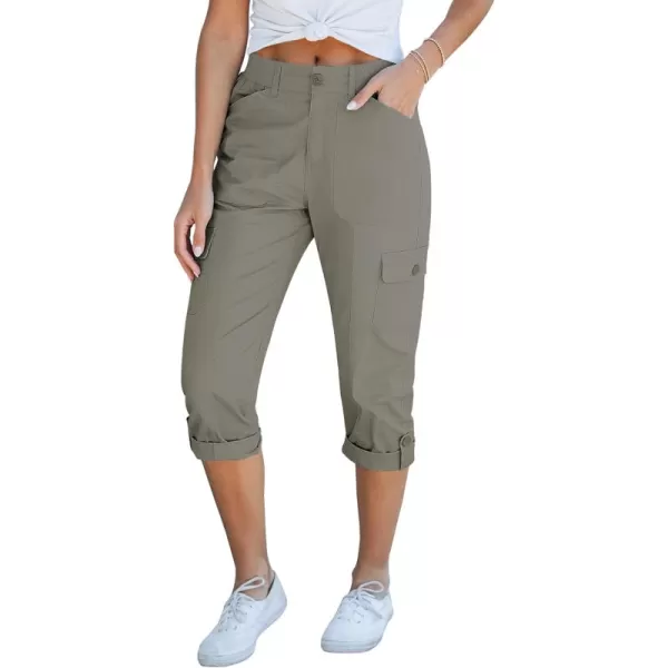 GRAPENT Cargo Capri Pants for Women High Waisted Relaxed Fit Elastic Knit Waist Casual Capris Trousers Cropped PantsDusty Olive