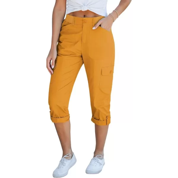 GRAPENT Cargo Capri Pants for Women High Waisted Relaxed Fit Elastic Knit Waist Casual Capris Trousers Cropped PantsGolden Rod