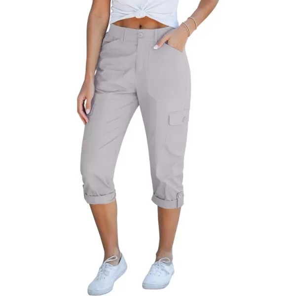 GRAPENT Cargo Capri Pants for Women High Waisted Relaxed Fit Elastic Knit Waist Casual Capris Trousers Cropped PantsLight Gray