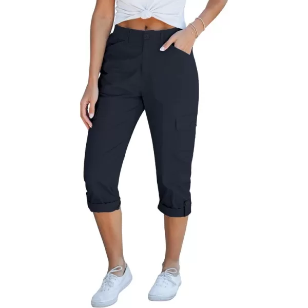 GRAPENT Cargo Capri Pants for Women High Waisted Relaxed Fit Elastic Knit Waist Casual Capris Trousers Cropped PantsNavy Blue