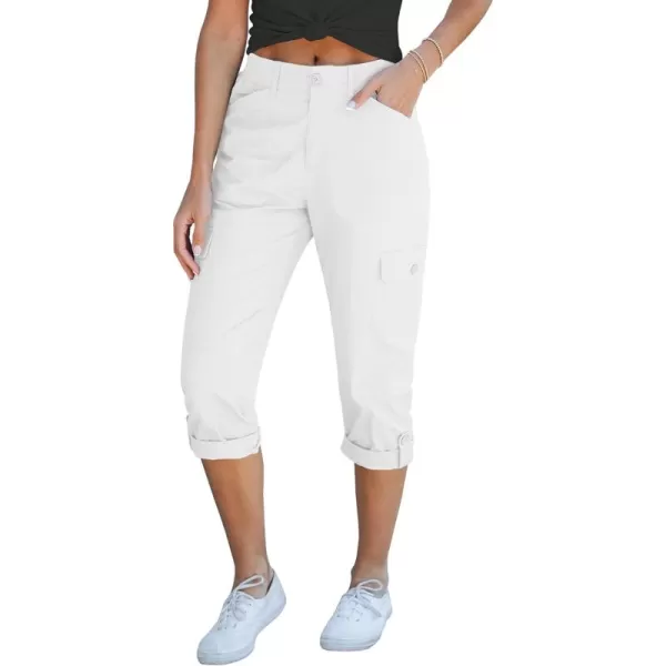 GRAPENT Cargo Capri Pants for Women High Waisted Relaxed Fit Elastic Knit Waist Casual Capris Trousers Cropped PantsOffwhite