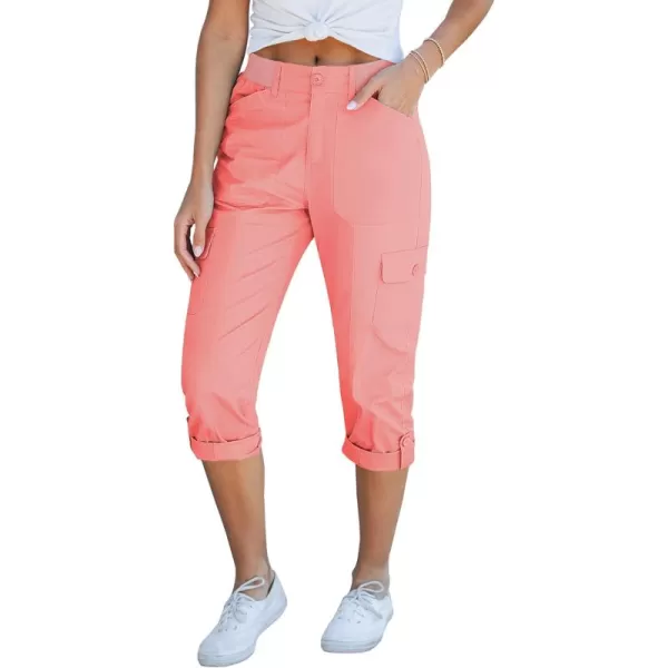 GRAPENT Cargo Capri Pants for Women High Waisted Relaxed Fit Elastic Knit Waist Casual Capris Trousers Cropped PantsPink