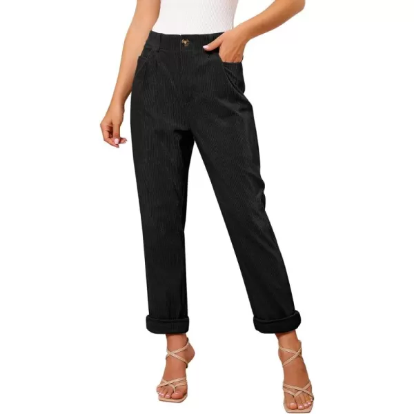 GRAPENT Corduroy Pleated Pants for Women Casual Stretchy High Waisted Straight Leg Trousers Loose Fit Slacks with PocketsBlack