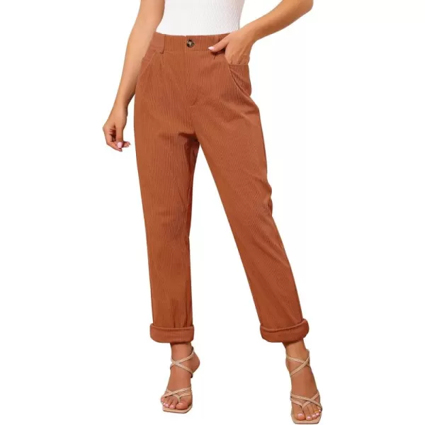 GRAPENT Corduroy Pleated Pants for Women Casual Stretchy High Waisted Straight Leg Trousers Loose Fit Slacks with PocketsBurnt Orange
