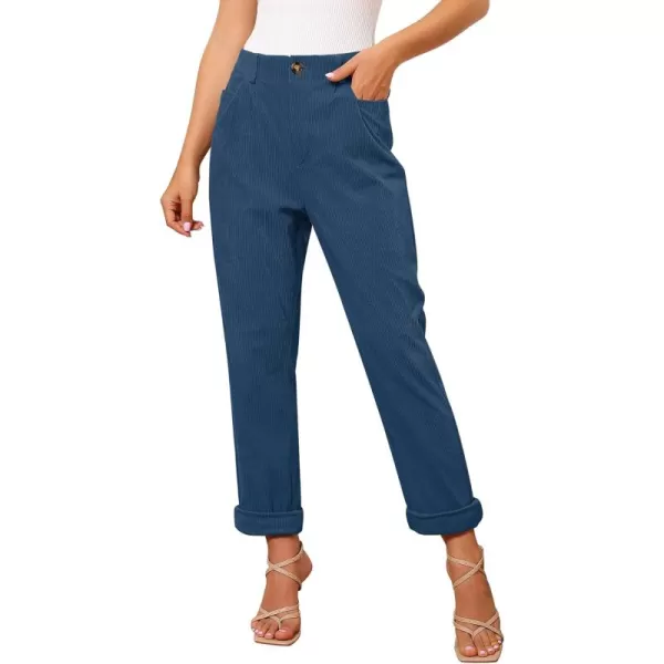 GRAPENT Corduroy Pleated Pants for Women Casual Stretchy High Waisted Straight Leg Trousers Loose Fit Slacks with PocketsDark Blue