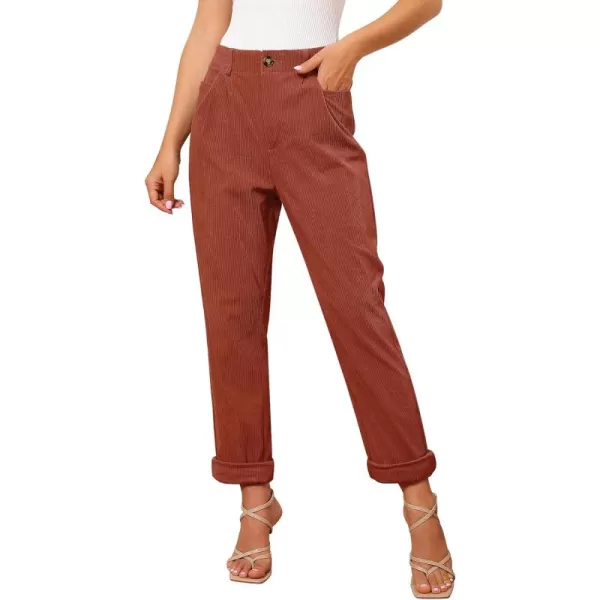 GRAPENT Corduroy Pleated Pants for Women Casual Stretchy High Waisted Straight Leg Trousers Loose Fit Slacks with PocketsRust
