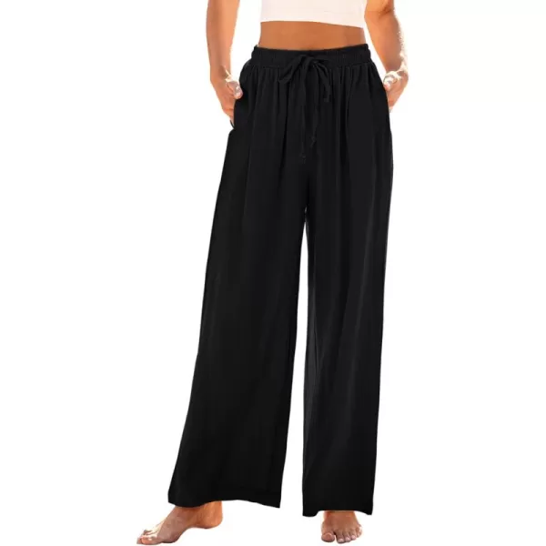 GRAPENT Wide Leg Pants Woman Linen High Waisted Pull On Flowy Casual Baggy Drawstring Palazzo Trousers Pants Resort WearBlack