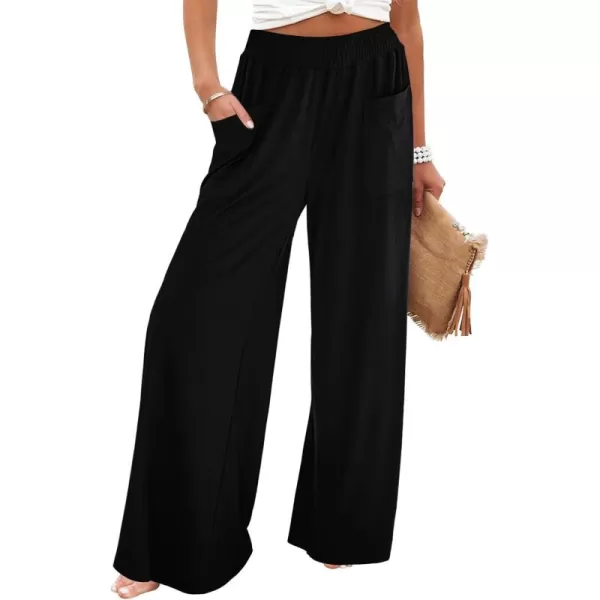 GRAPENT Wide Leg Pants for Women High Wasited Baggy Palazzo Pants Casual Pull On Bell Bottom Smocked Elastic Waist PantsBlack