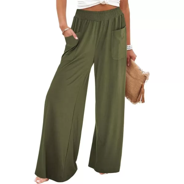 GRAPENT Wide Leg Pants for Women High Wasited Baggy Palazzo Pants Casual Pull On Bell Bottom Smocked Elastic Waist PantsOlive Green
