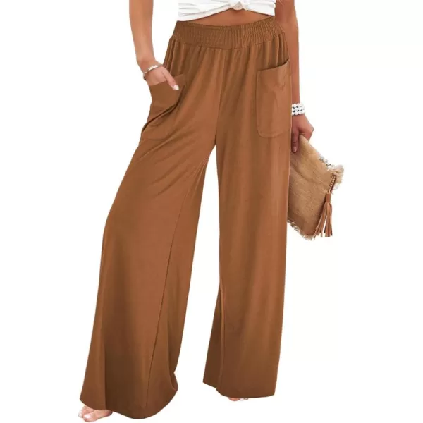 GRAPENT Wide Leg Pants for Women High Wasited Baggy Palazzo Pants Casual Pull On Bell Bottom Smocked Elastic Waist PantsPecan Brown