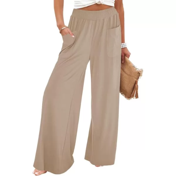 GRAPENT Wide Leg Pants for Women High Wasited Baggy Palazzo Pants Casual Pull On Bell Bottom Smocked Elastic Waist PantsTaupe