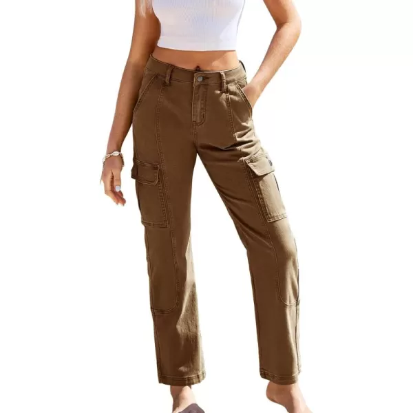 GRAPENT Womens Cargo Pants Casual High Waisted Baggy Stretch Straight Leg Trousers Western Outfit Y2K Pants with PocketsAlmond Brown
