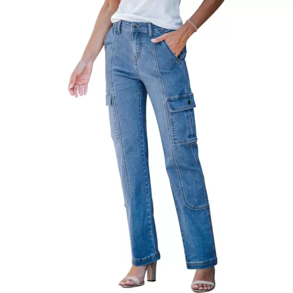 GRAPENT Womens Cargo Pants Casual High Waisted Baggy Stretch Straight Leg Trousers Western Outfit Y2K Pants with PocketsMedium Blue
