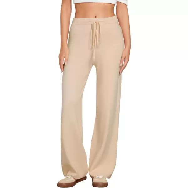 GRAPENT Womens Ribbed Knit Flowy Winter Pants Elastic Waist Tie Front Wide Leg Sweater PantsBeige