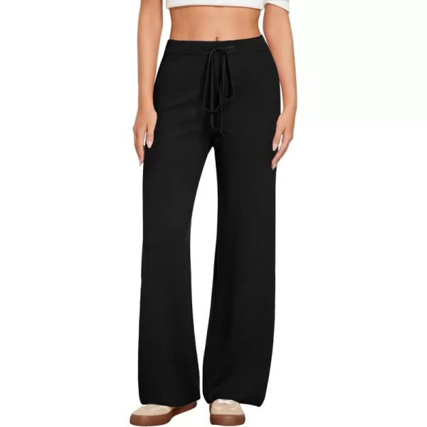 GRAPENT Womens Ribbed Knit Flowy Winter Pants Elastic Waist Tie Front Wide Leg Sweater PantsBlack