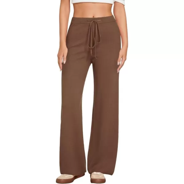 GRAPENT Womens Ribbed Knit Flowy Winter Pants Elastic Waist Tie Front Wide Leg Sweater PantsCoffee