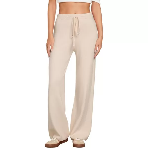 GRAPENT Womens Ribbed Knit Flowy Winter Pants Elastic Waist Tie Front Wide Leg Sweater PantsHeather Sand