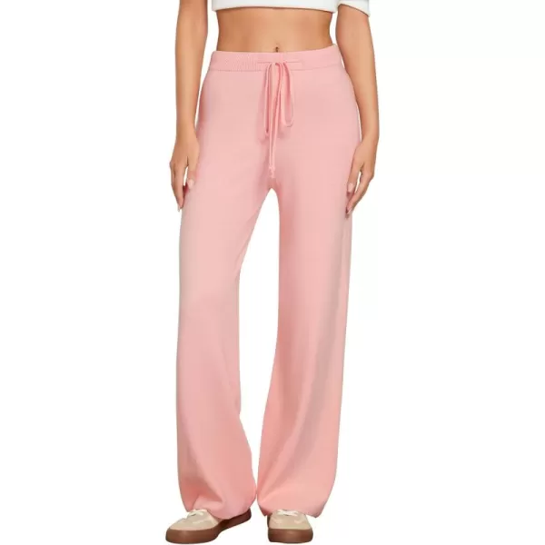 GRAPENT Womens Ribbed Knit Flowy Winter Pants Elastic Waist Tie Front Wide Leg Sweater PantsPink